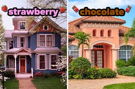 On the left, A Victorian-style house with blooming trees out front labeled strawberry, and on the right, a Spanish-style house with palm trees out front labeled chocolate