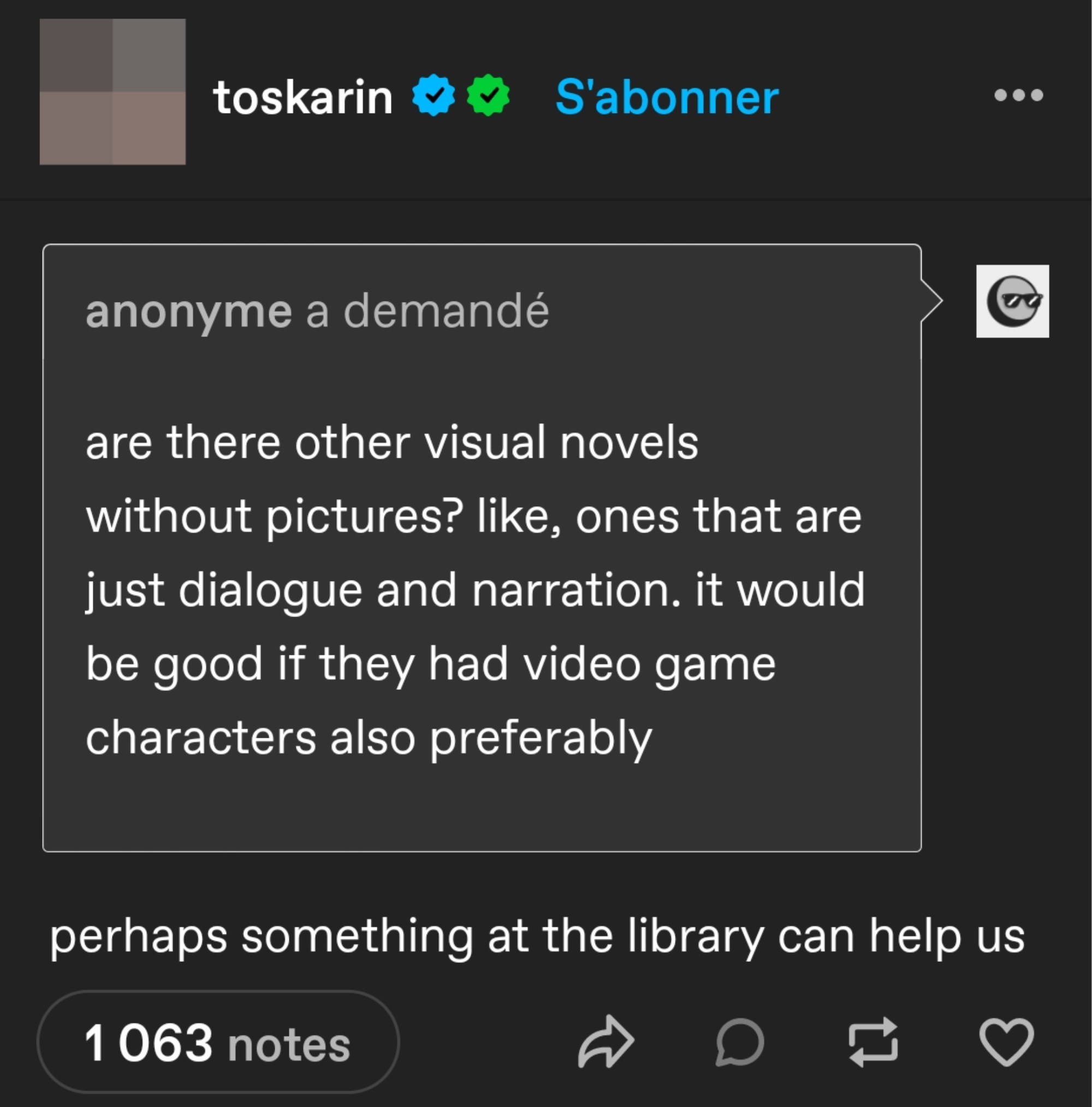 Person asks &quot;Are there other visual novels without pictures? Like ones that are just dialogue and narration,&quot; and someone responds, &quot;perhaps something at the library can help us&quot;