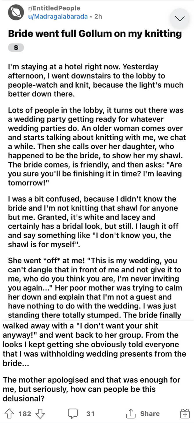 stranger recounting the bride getting angry with her