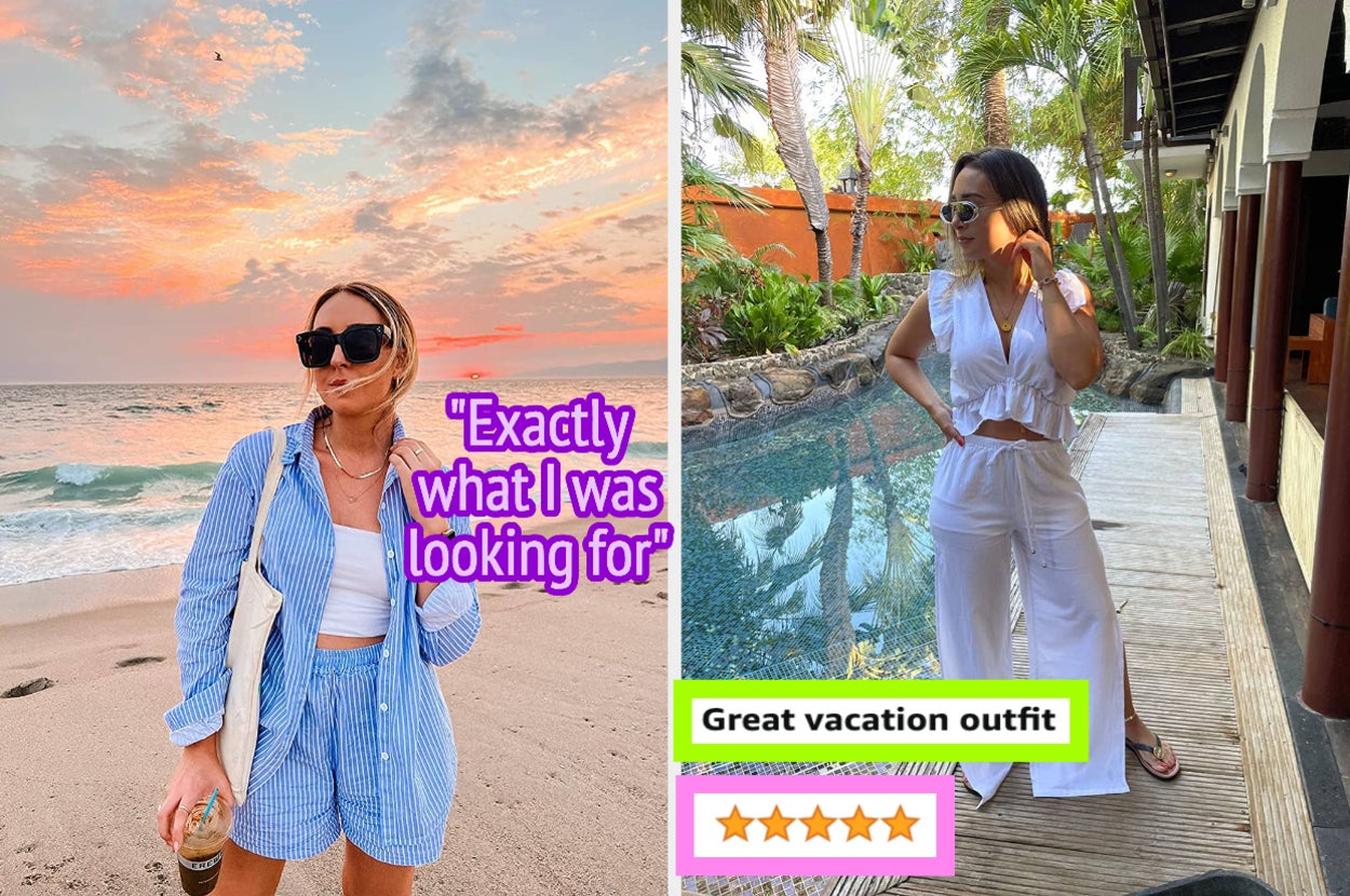reviewer on a beach wearing a striped two piece outfit at sunset and reviewer posing in white two piece set 
