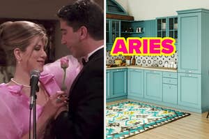 two separate images: ross and rachel from friends dance closely, and a picture of a kitchen