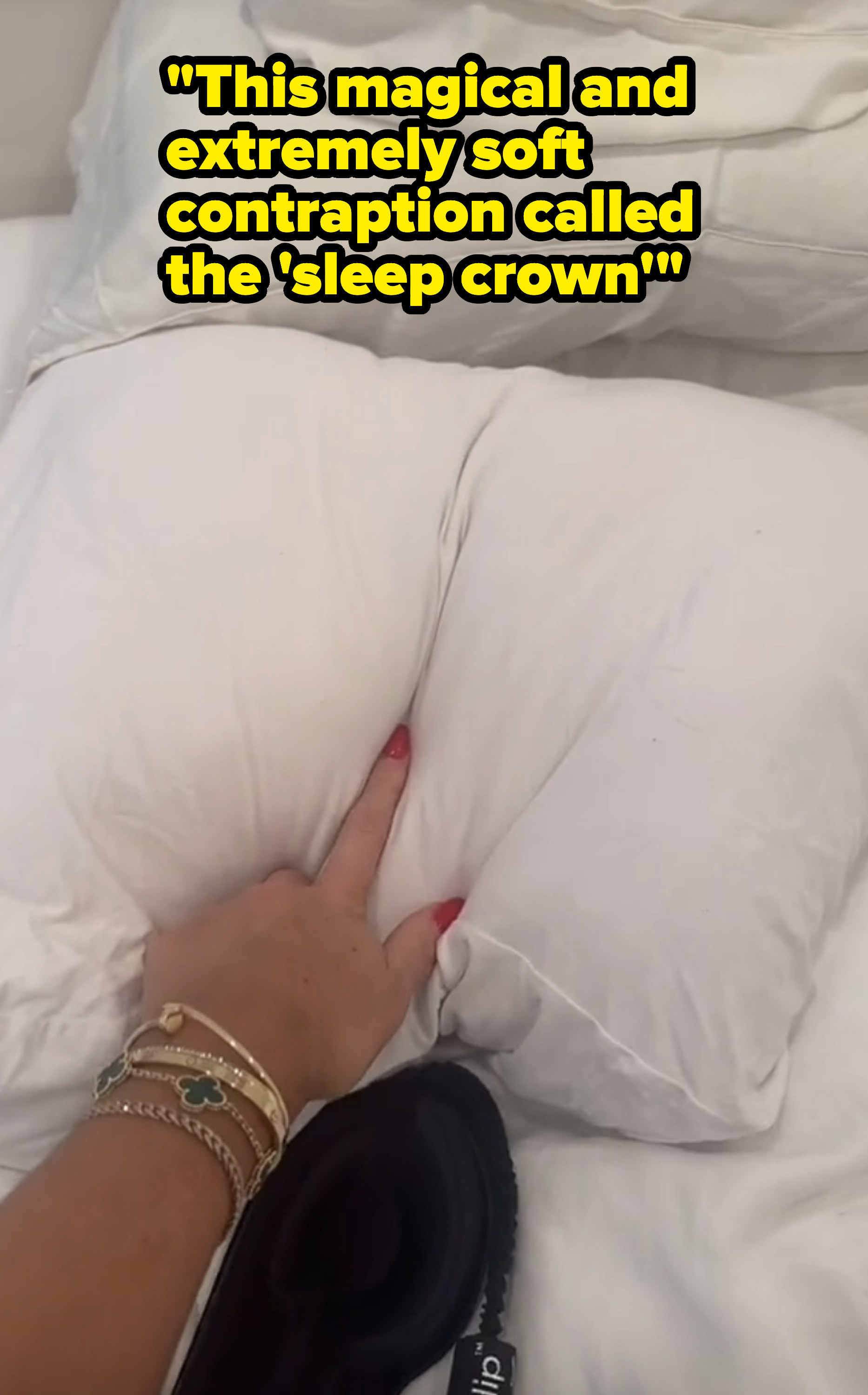 hand pointing to soft pillow with text that says &quot;this magical and extremely soft contraption called the &#x27;sleep crown&#x27;&quot;