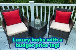 a three-piece woven patio chair set and text reading "Luxury looks with a budget price tag!"