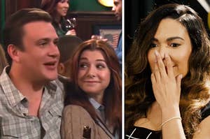 marshall and lily sitting together next to a woman covering her mouth in surprise