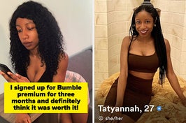 Left: photo of the author on her phone, right: a screencap of the author's profile