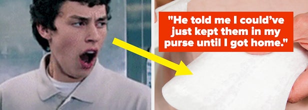 a man looking disgusted at some pads with the text her told me i could've just kept them in my purse until i got home