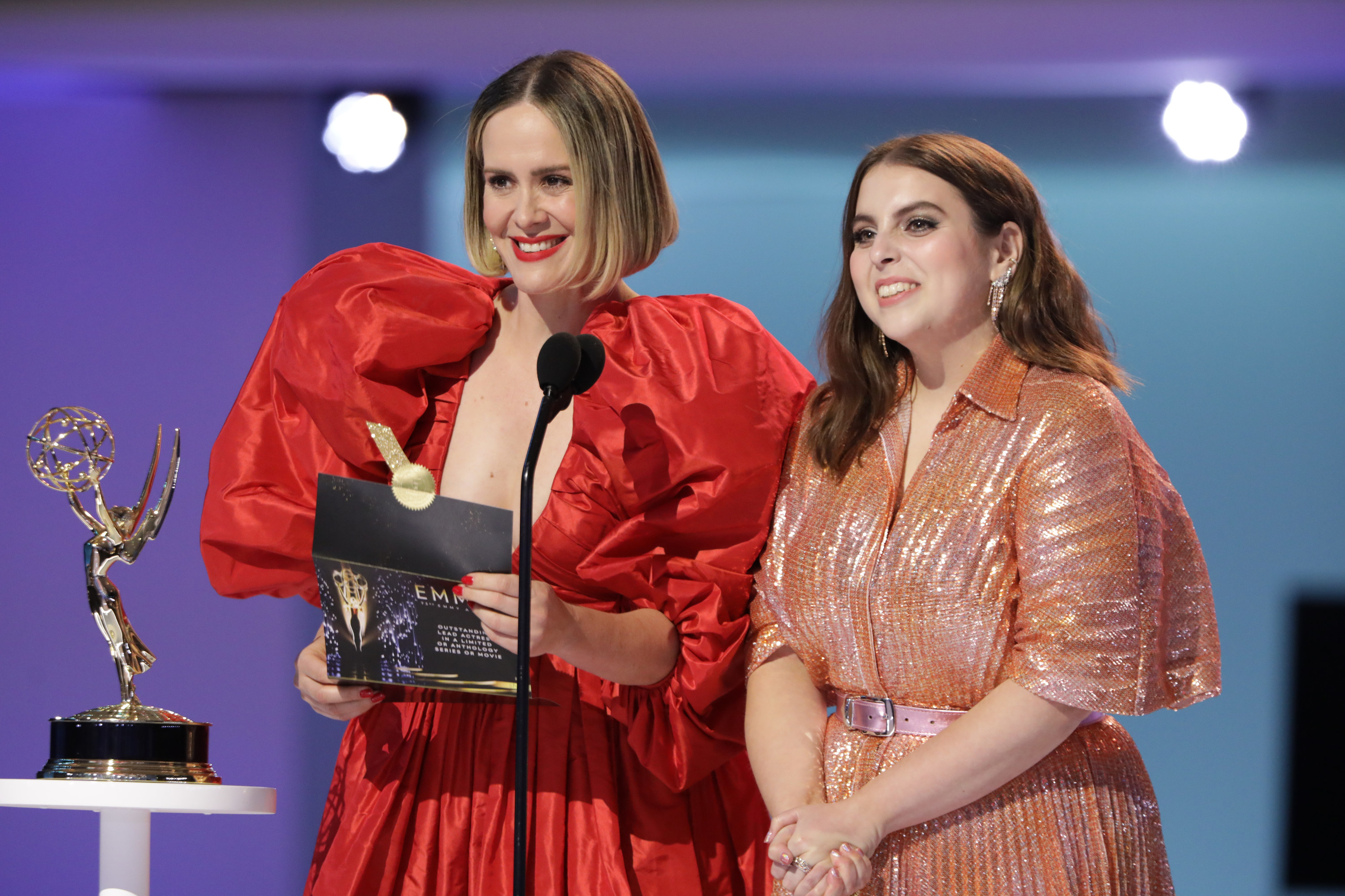 Sarah and Beanie presenting an Emmy award together onstage