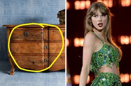 A wooden dresser; Taylor Swift on Tour