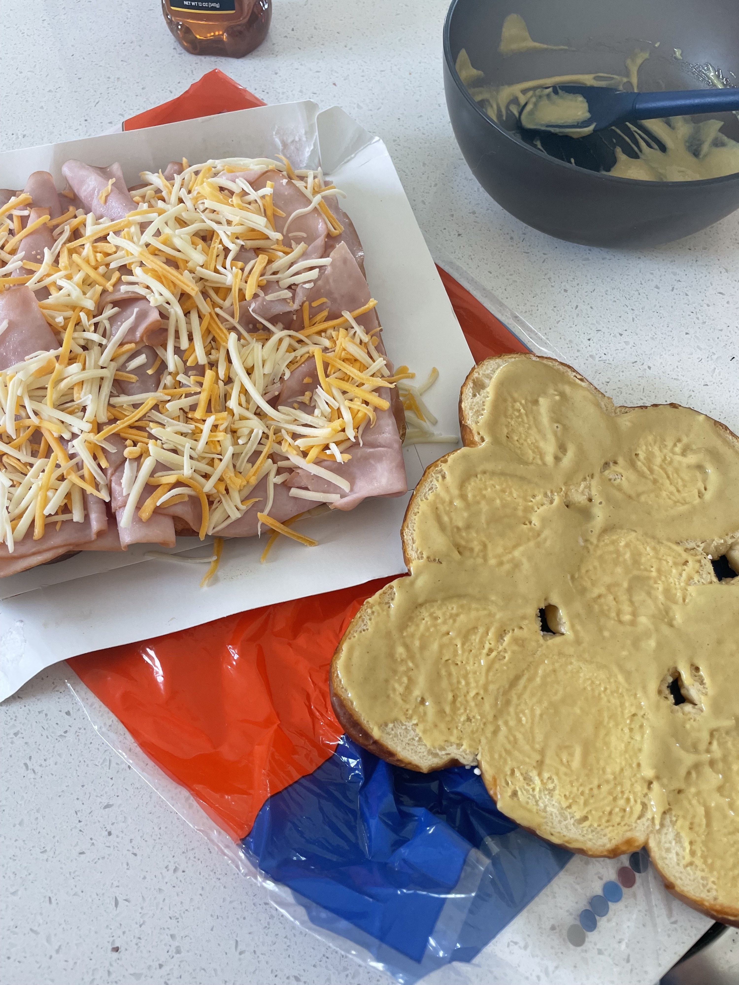 Assembling the ham and cheese sliders