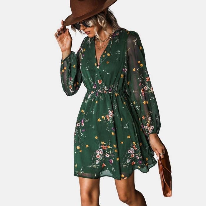 Model wearing the green floral dress