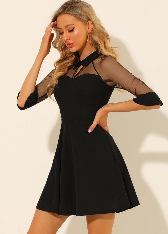 Model wearing the black dress