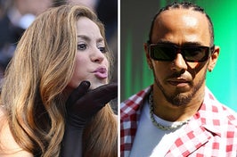 Shakira blows a kiss vs Lewis Hamilton poses for a photo