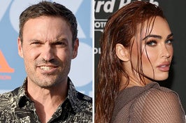 A headshot of Brian Austin Green vs Megan Fox looks over her shoulder as she poses for a photo