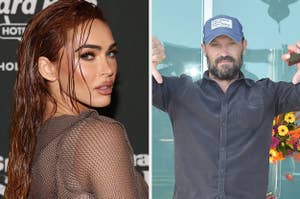 Megan Fox looks over her shoulder as she poses for a photo vs Brian Austin Green poses for a photo with two thumbs down
