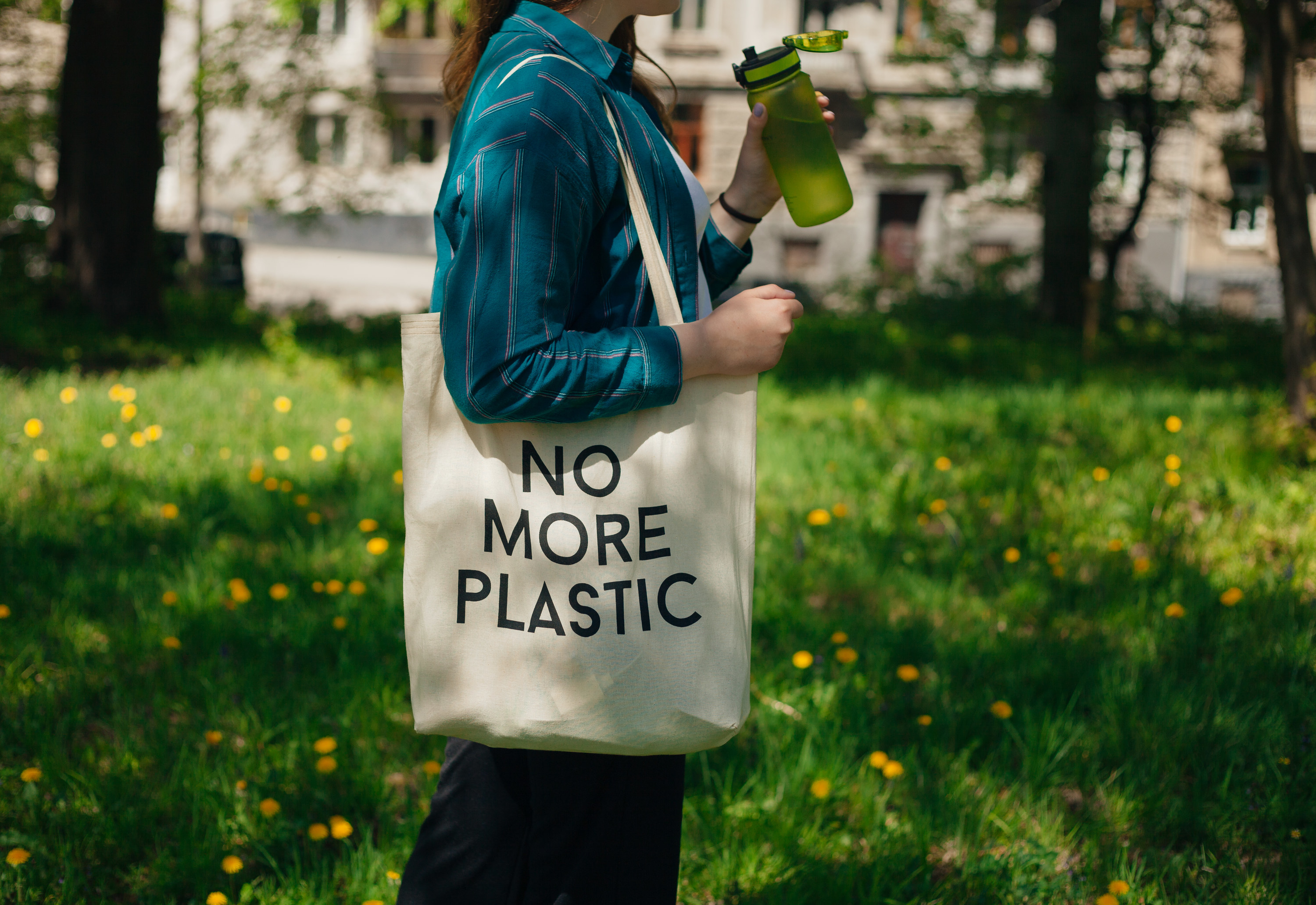 reusable tote bag that says &quot;no more plastic&quot;