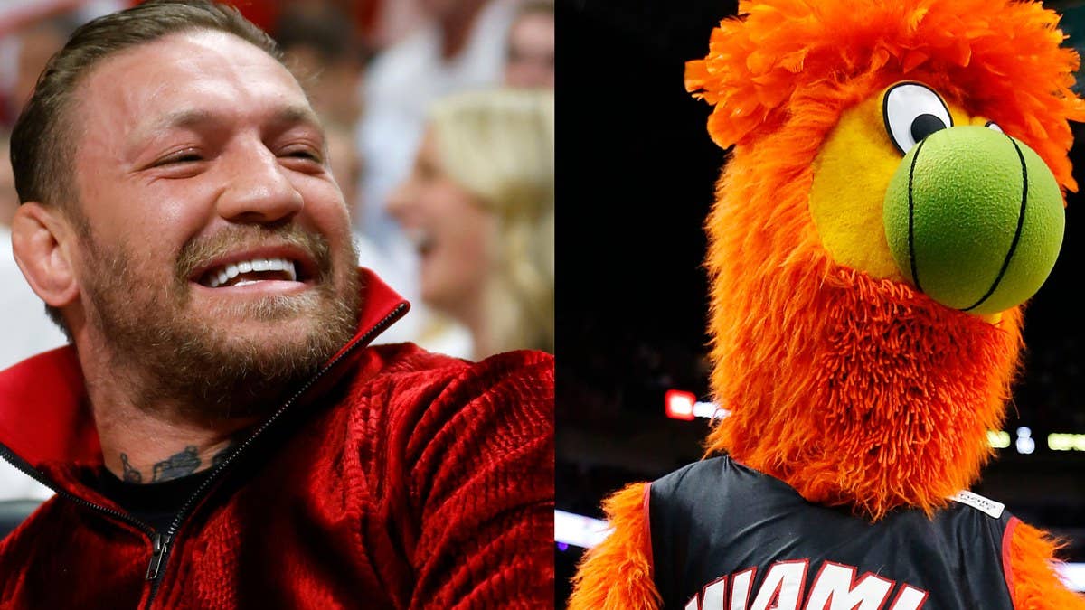 Conor McGregor was at the Heat-Nuggets game promoting his pain relief spray. The Miami Heat's mascot “Burnie” may have underestimated McGregor's strength.