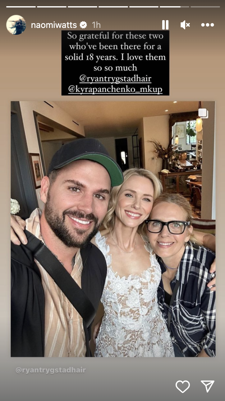 Closeup of Naomi Watts and her glam team
