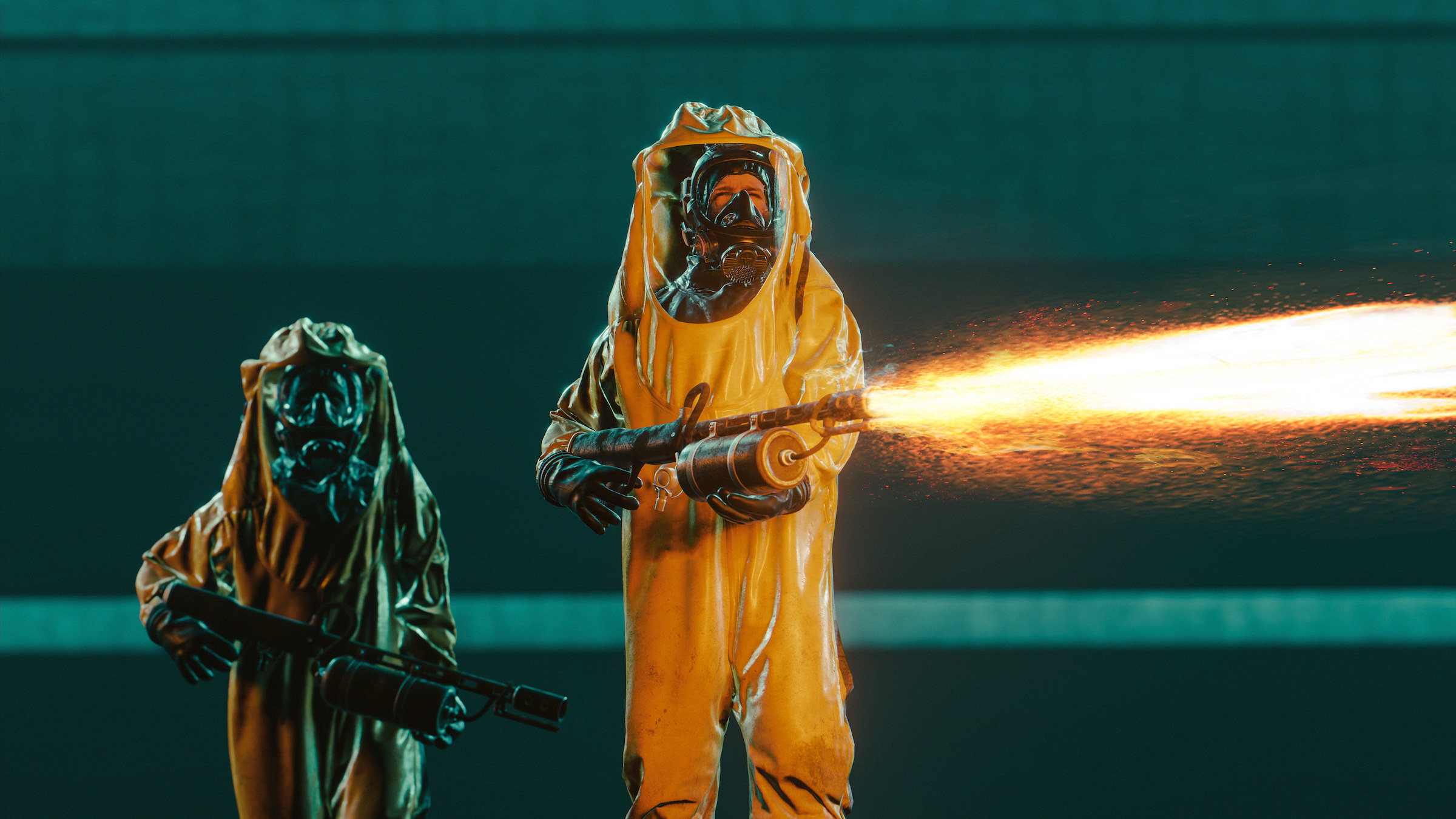 People in hazmat suits using flamethrowers