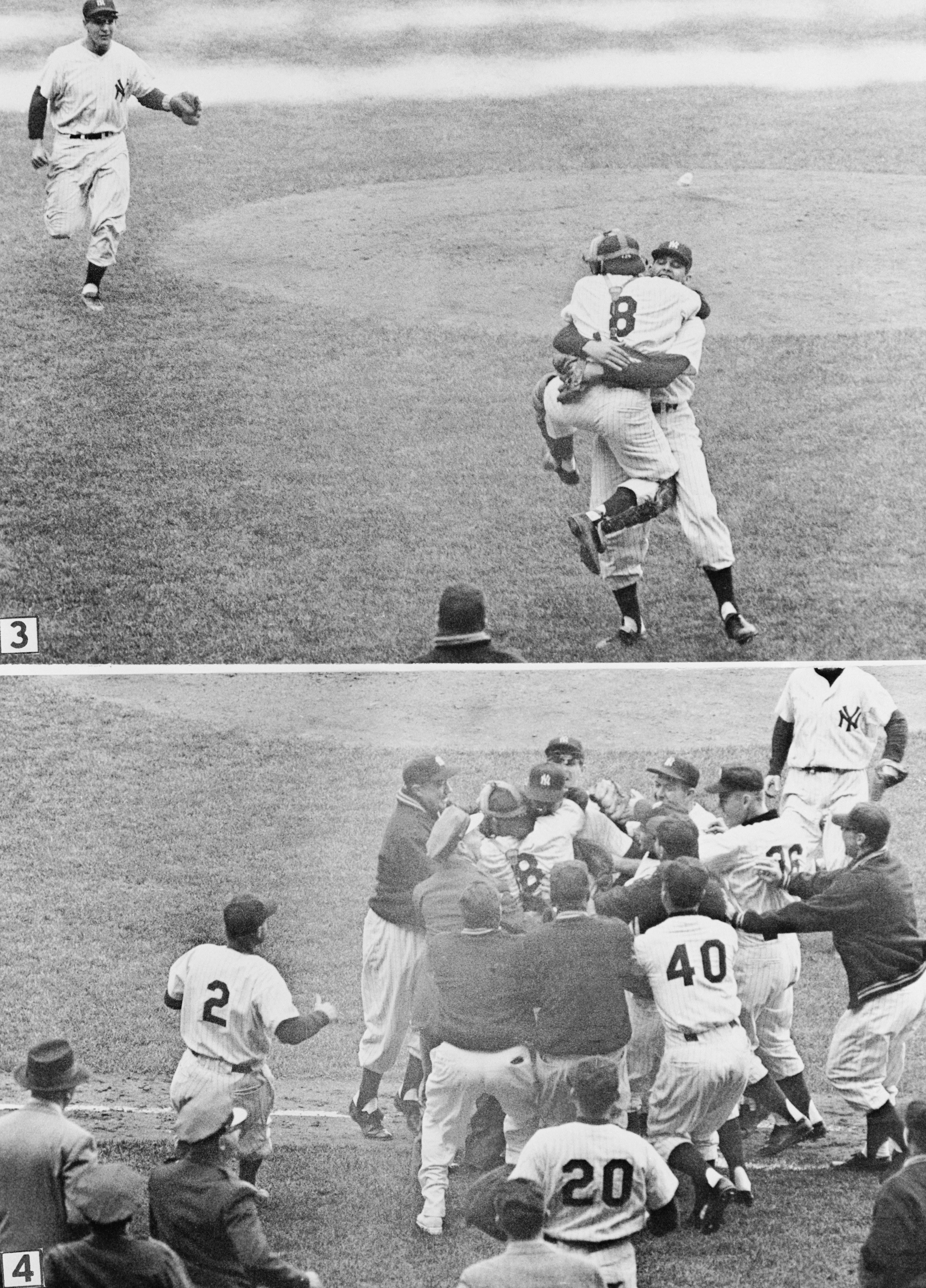 Yogi Berra jumps up and down as he hugs teammate Don Larsen, following Larsen&#x27;s feat of pitching the first perfect game in World Series history in the fifth series game