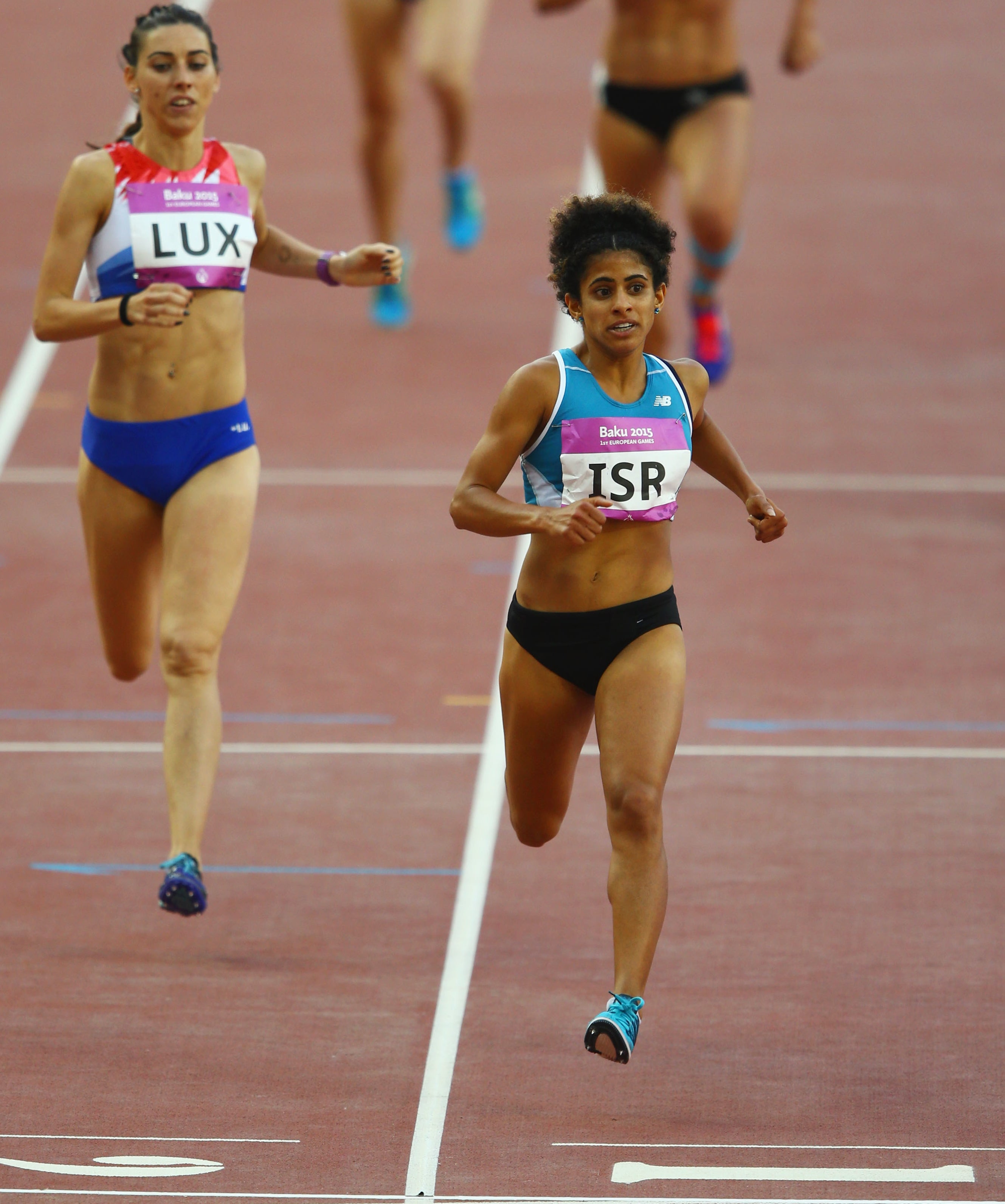 Maor Tiyouri of Israel (ISR) crosses the finish line in second ahead of Martine Nobili of Luxembourg in the Women&#x27;s 1500 metres during day ten of the Baku 2015 European Games at the Olympic Stadium on June 22, 2015 in Baku, Azerbaijan