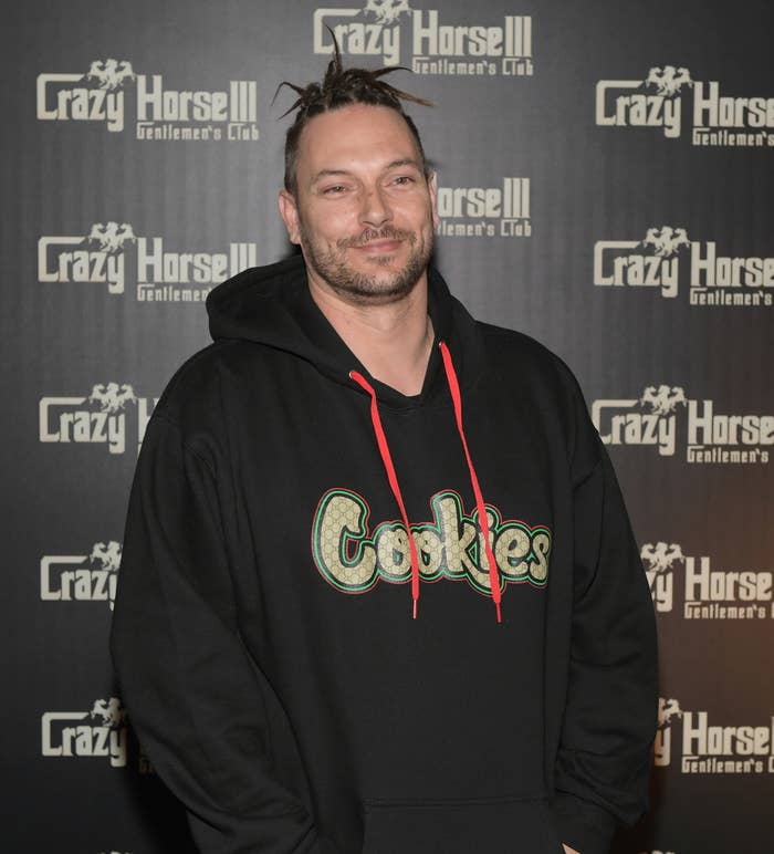 Keven Federline at a red carpet event in a hoodie that says &quot;Cookies&quot;
