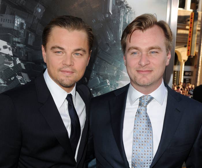 Close-up of Leo DiCaprio and Christopher in suits and ties