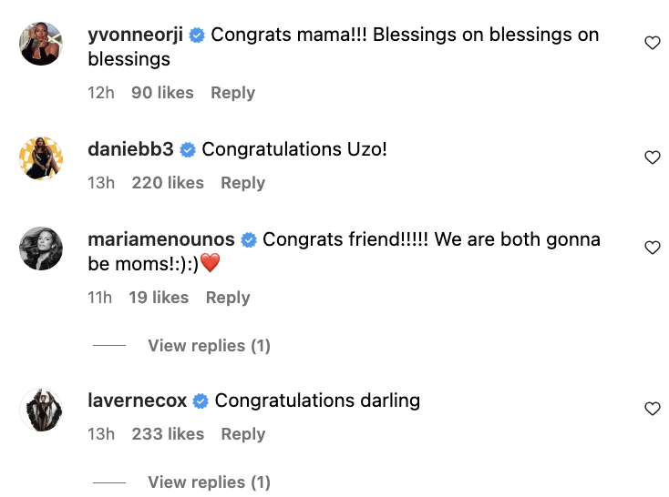 Well-wishes from celebrities, including Yvonne Orji, Laverne Cox, and Maria Menounos, on Uzo Aduba&#x27;s pregnancy announcement post