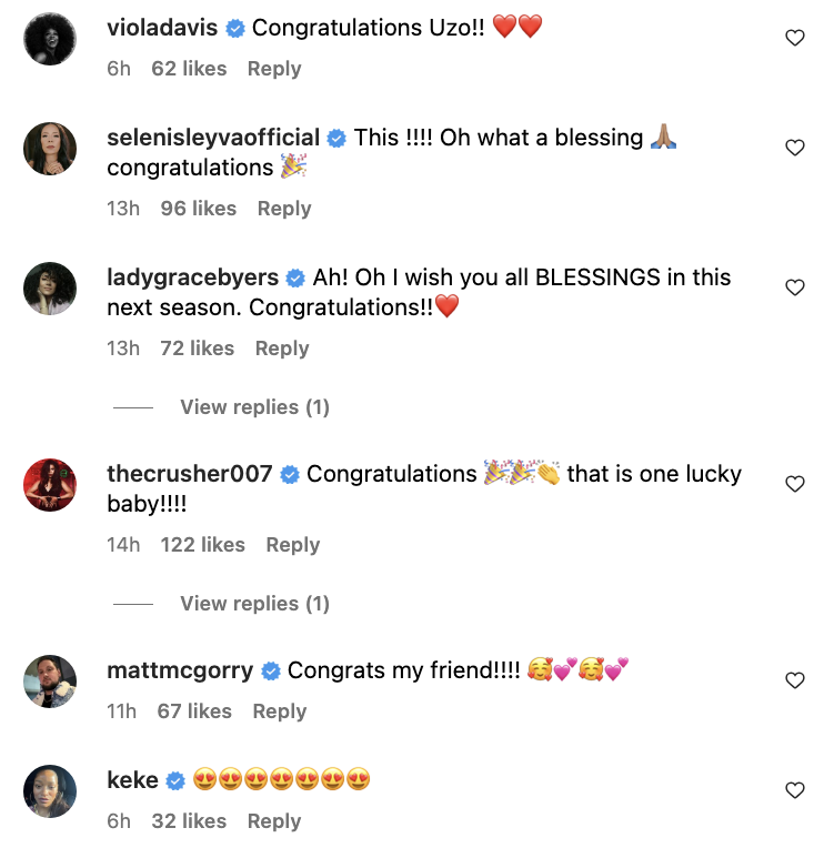Well-wishes from celebrities like Viola Davis and Keke Palmer on Uzo Aduba&#x27;s pregnancy announcement post