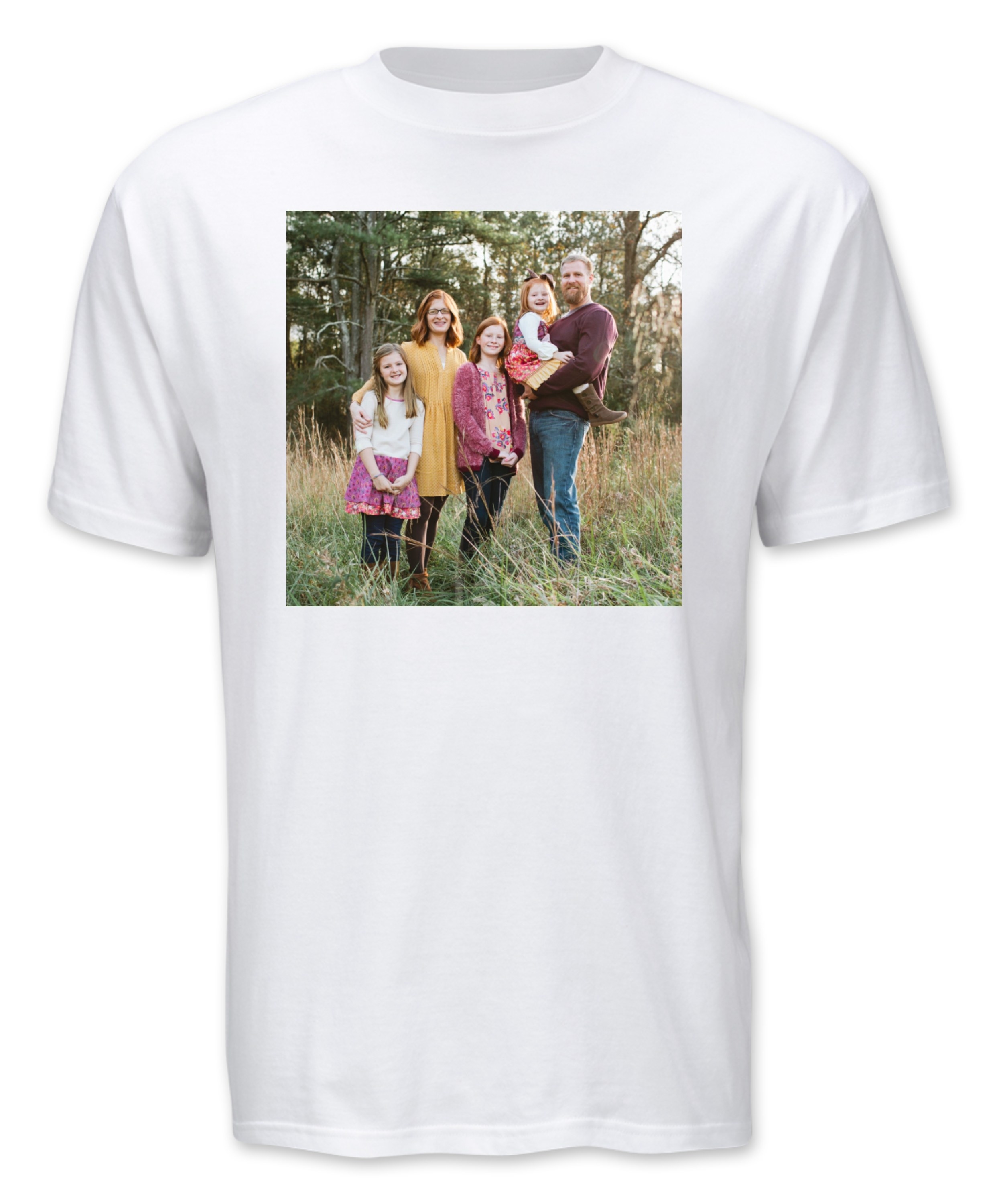 white t-shirt printed with a large photo on the chest