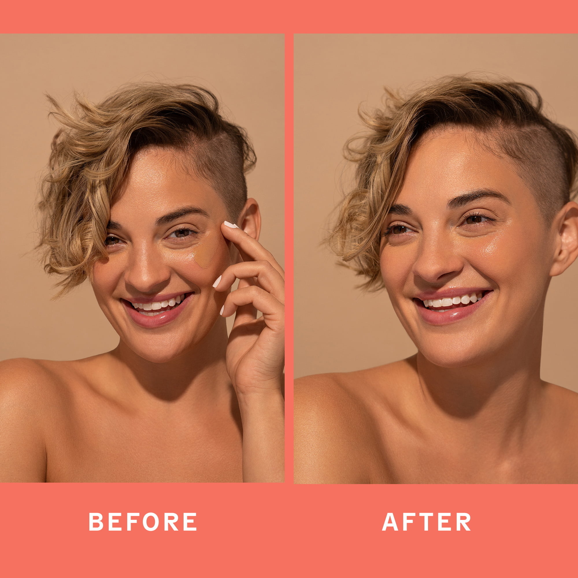 A model with their before and after photos using the product