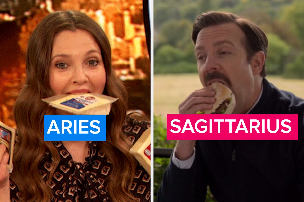 drew barrymore eats cheese next to a separate image of ted lasso eating a burger