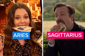 drew barrymore eats cheese next to a separate image of ted lasso eating a burger