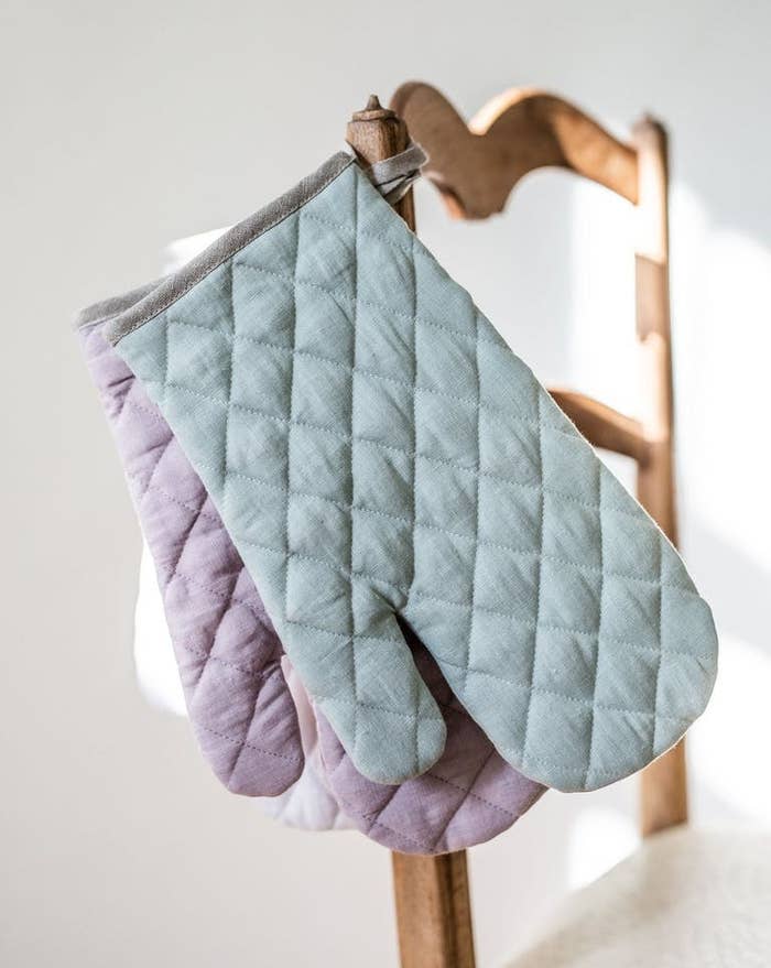 light blue and light purple quilted linen oven mitts