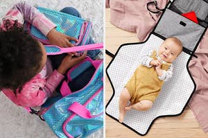 on left: child carrying blue and pink mermaid-design toiletry bag. on right: baby laying down on portable diaper changing station