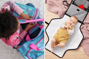 on left: child carrying blue and pink mermaid-design toiletry bag. on right: baby laying down on portable diaper changing station