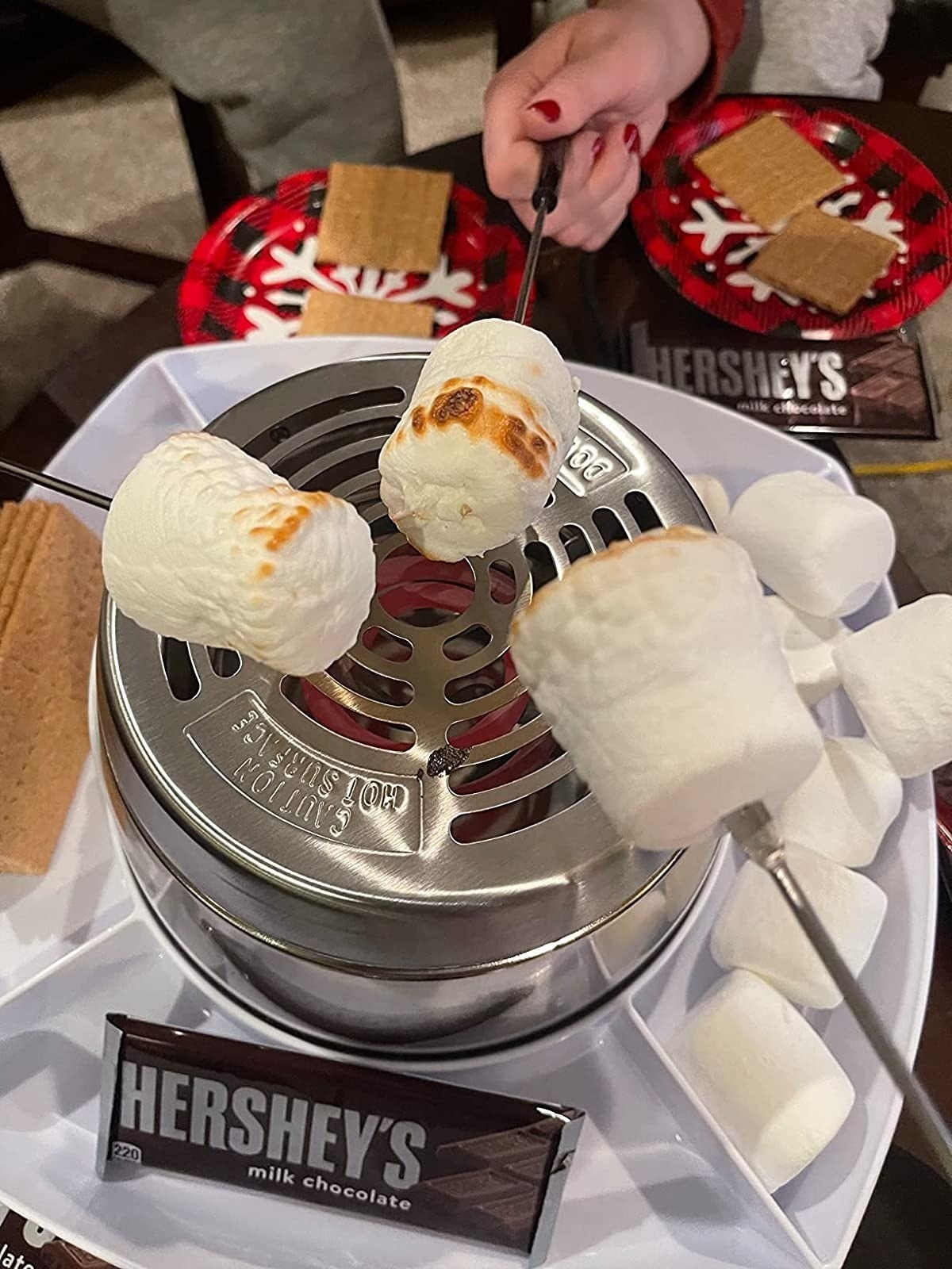 reviewers roasting marshmallows on top of tabletop s&#x27;mores maker