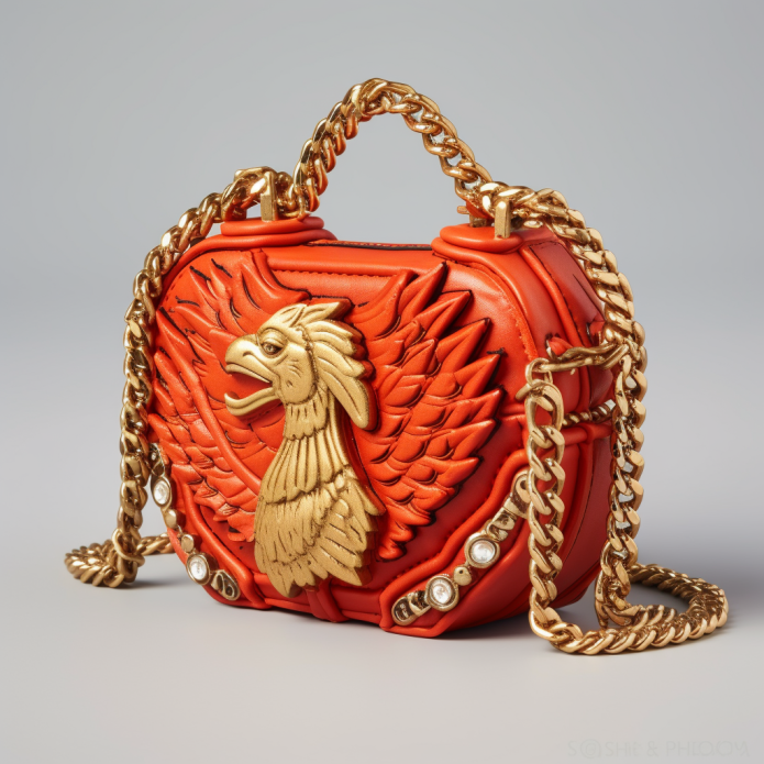 A purse with a golden chicken on it