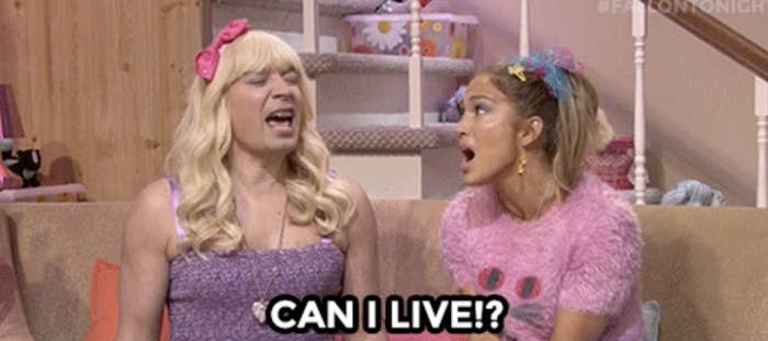 Jimmy Fallon and Jennifer Lopez are dressed as teenage girls for a skit, with Jimmy Fallon saying, "Can I live!?"