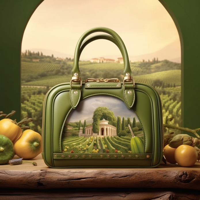 A purse with an Italian landscape on it