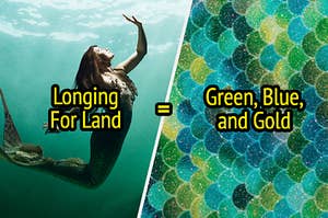 A mermaid reaching for the surface and a green, blue, and gold tail