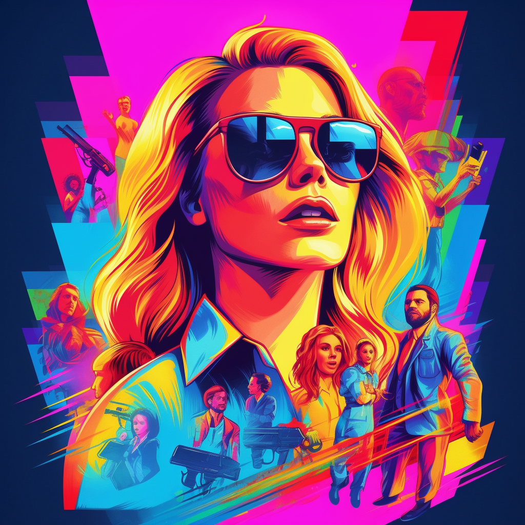 collage of the characters surrounding a larger image of a woman wearing sunglasses