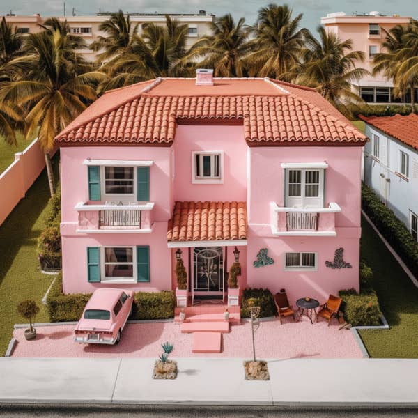 A pink house with a pink car