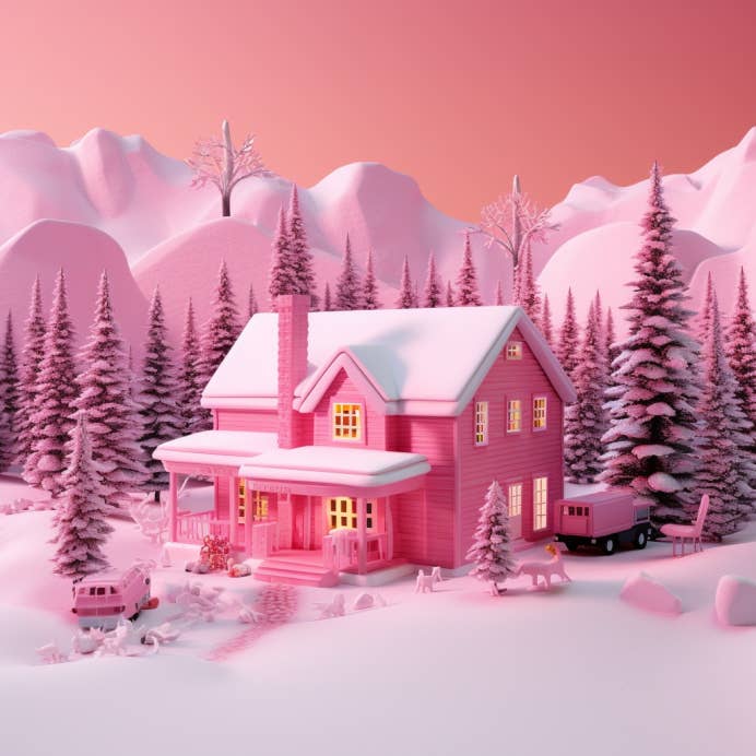 A pink house in front of pink trees and pink mountains