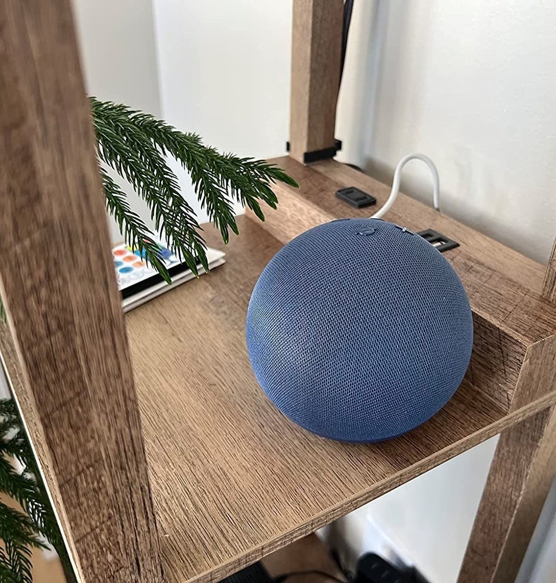 blue Echo Dot on a shelf