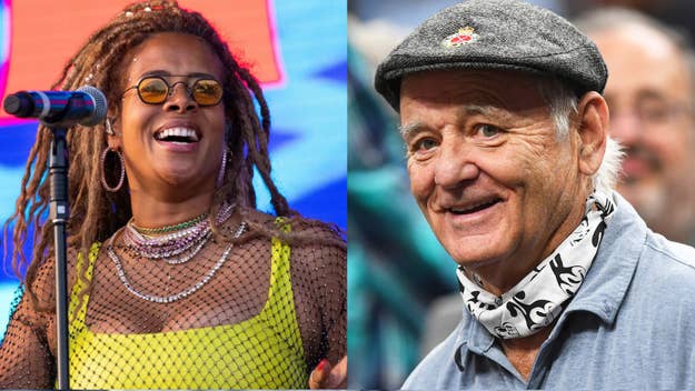 This is a side-by-side image of Kelis performing and Bill Murray at a baseball game.