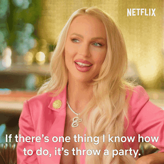 A woman speaks to the camera and says &quot;If there&#x27;s one thing I know how to do, it&#x27;s throw a party&quot;