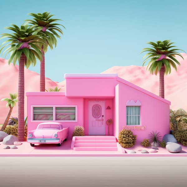 A pink house with a pink car and palm trees