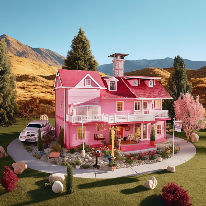 A pink multi-story house