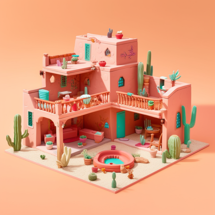 An adobe-style pink house