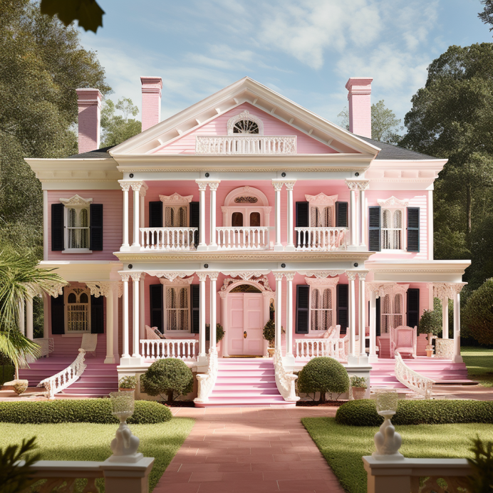 A pink colonial-style house